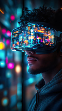A person engages with virtual reality technology while wearing a headset, showcasing colorful city lights and intricate digital patterns, reflecting the future of immersive gaming.の素材