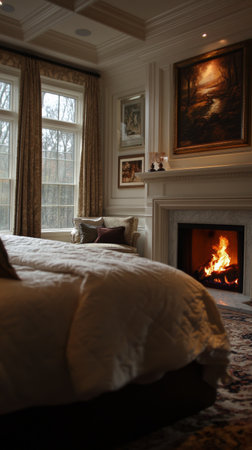 A beautifully styled bedroom features an ornate fireplace with a warm fire. Elegant decor and soft lighting create a cozy atmosphere perfect for relaxation.の素材