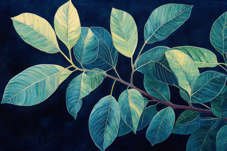 Vivid green leaves spread across a dark background create a striking visual harmony, showing nature's intricate details and textures in a calm atmosphere.の素材