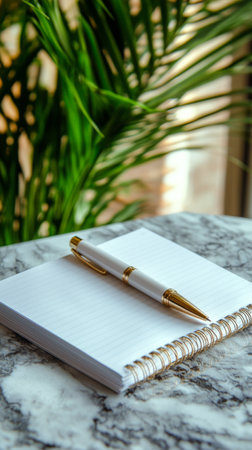 A tranquil setting features a green plant in a pot alongside a dark green journal and a gold-tipped pen resting on a rustic wooden table illuminated by soft natural light.の素材