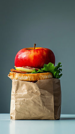 A creative snack features a shiny red apple placed atop a sandwich with lettuce and other ingredients, all presented in a simple brown paper bag.の素材