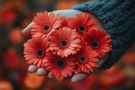 A hand gracefully holds a bouquet of vibrant red flowers, surrounded by a soft, colorful background of blurred blooms. The image captures a moment of floral beauty in nature.の素材