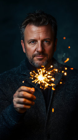 A child holds a sparkler, illuminating their face with joy and wonder. The night backdrop creates a magical ambiance, highlighting the excitement of the celebration.の素材