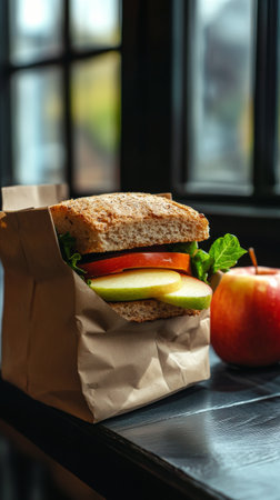 A creative snack features a shiny red apple placed atop a sandwich with lettuce and other ingredients, all presented in a simple brown paper bag.の素材