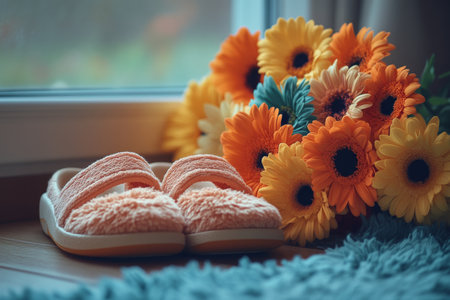 Soft, fluffy slippers rest on a tiled floor next to a beautiful arrangement of colorful flowers, creating a warm and inviting atmosphere in the room.の素材
