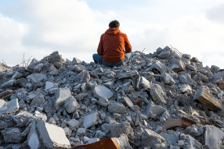 A person wearing an orange hoodie sits quietly on a large pile of rubble at a construction site under a cloudy sky, contemplating the effects of urbanization on the environment.の素材