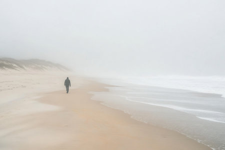 A person strolls alone on a serene beach, surrounded by thick fog and soft waves lapping at the shore, creating a calm and peaceful atmosphere.の素材