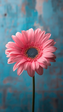 A stunning pink poppy flower stands tall with graceful petals unfurling in a vibrant soft blue setting. The flower's intricate details are captivating and serene.の素材
