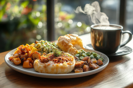 Savory corncakes served with vibrant greens and a side of fluffy rolls are complemented by a warm cup of coffee in a quaint cafe setting.の素材