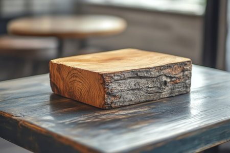 A large, rough wooden plank with a rich texture is positioned on a dark wooden workbench in a craft workshop. The environment suggests ongoing woodworking activities.の素材