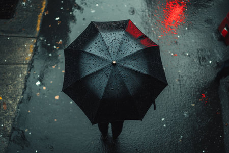 A figure walks slowly along a wet pathway in the rain, sheltered by a black umbrella. Surrounding trees provide a vibrant green backdrop as droplets fall continuously.の素材