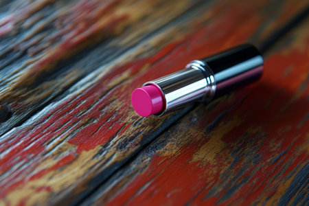 A vibrant pink lipstick is placed on a rustic wooden surface, highlighting its glossy finish. The natural texture of the wood contrasts beautifully with the lipstick's sleek design.の素材