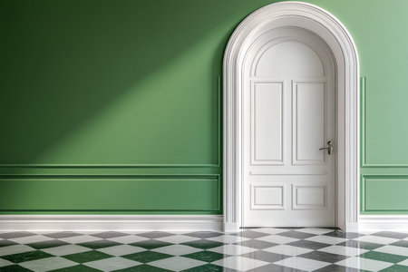 A clean and elegant hallway features rich green walls and a stylish white door. The checkered floor adds a contemporary touch to the bright space.の素材