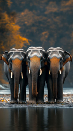 Three elephants stand side by side with their trunks raised, illuminated by striking lighting that highlights their features and textures in a powerful display of nature's beauty.の素材