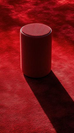 A cylindrical speaker stands prominently on a vivid red carpet, casting a long shadow. The surface glistens under soft lighting, enhancing the bold color contrast.の素材