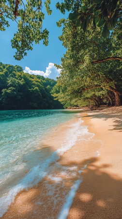 Crystal clear waters gently touch the soft sandy beach, framed by vibrant green trees on a bright sunny day. The scene evokes a perfect retreat for relaxation and nature enjoyment.の素材
