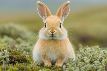 A fluffy rabbit sits upright in lush green grass, bathed in warm golden light. Its expressive ears stand tall, embodying innocence and tranquility in nature's beauty.の素材