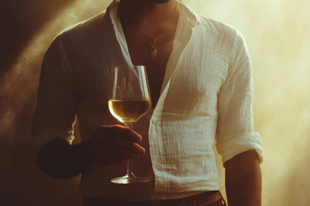 A young woman with curly hair enjoys a glass of white wine, posing gracefully among lush green plants in a warm, tropical setting as the sun sets.の素材