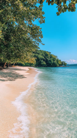 Crystal clear waters gently touch the soft sandy beach, framed by vibrant green trees on a bright sunny day. The scene evokes a perfect retreat for relaxation and nature enjoyment.の素材