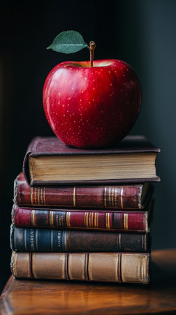 A vibrant red apple is placed on top of three antique books, showing a warm, inviting atmosphere with rich colors in a cozy indoor environment.の素材