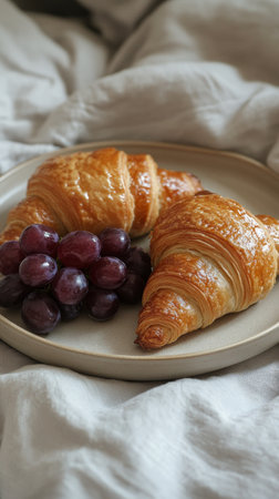 Freshly baked golden croissants are served on a plate with a bunch of plump grapes, creating a delightful breakfast setting in a peaceful environment.の素材