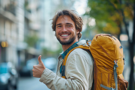 A young man stands in a bustling city street, smiling and giving a thumbs up. He has an orange backpack on and is surrounded by people and buildings in bright daylight.の素材