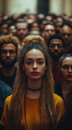 A dense crowd of diverse individuals gathers outdoors, united in a moment of shared experience, with expressions of curiosity and engagement under a warm sunset.の素材