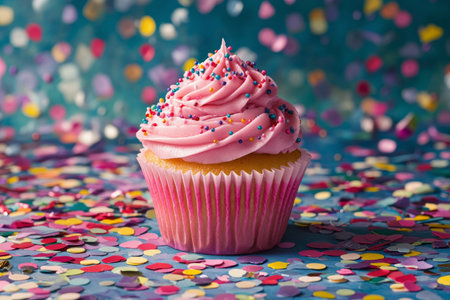 A vibrant cupcake topped with pink frosting and colorful sprinkles sits on a surface scattered with confetti. The cheerful colors create a festive atmosphere perfect for celebrations.の素材