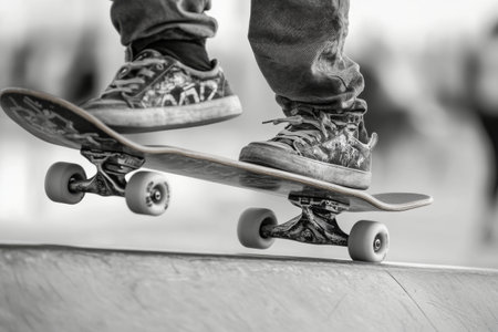 A skateboarder balances on a skateboard at a park, showcasing skills and precision. The bustling atmosphere creates an energetic vibe as onlookers enjoy the afternoon.の素材