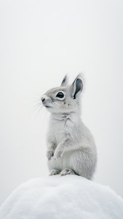 A Eurasian weasel stands alert on a snow-covered rock, showcasing its reddish-brown fur.の素材