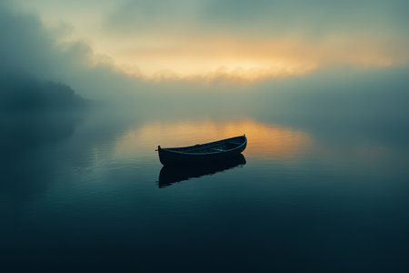 A serene lake is wrapped in morning fog, with soft hues of orange and yellow reflecting on the water. A lone boat is gently floating, creating a peaceful atmosphere.の素材