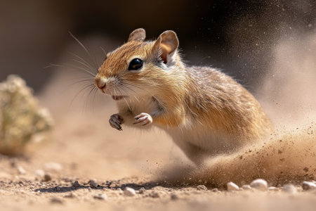 A small mammal is sprinting through a dusty area in the desert, sending particles flying in the warm sunlight. The creature exhibits agility and speed, showing its natural habitat.の素材