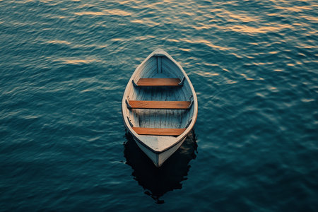 A serene lake is wrapped in morning fog, with soft hues of orange and yellow reflecting on the water. A lone boat is gently floating, creating a peaceful atmosphere.の素材