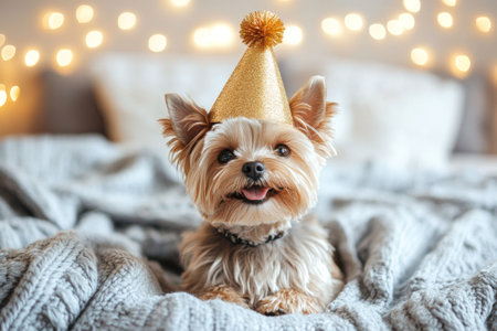 A small dog adorned with a shiny party hat sits happily on a soft blanket. The room is decorated with warm lights, creating a joyful atmosphere for a celebration.の素材