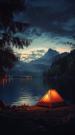 A tent emits a warm light along the shore of a serene lake surrounded by tall trees and mist, capturing the calm beauty of twilight in nature.の素材
