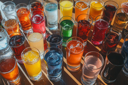 A vibrant array of drinks is displayed in various glasses, featuring colors from blue and green to orange and red. The setup is well-lit, highlighting the glass textures and liquid hues.の素材