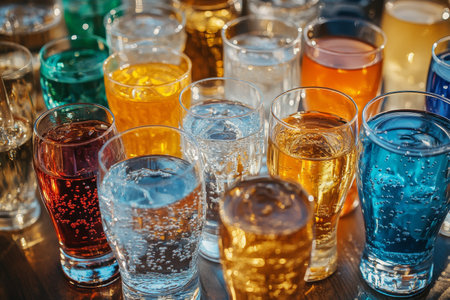 A vibrant array of drinks is displayed in various glasses, featuring colors from blue and green to orange and red. The setup is well-lit, highlighting the glass textures and liquid hues.の素材