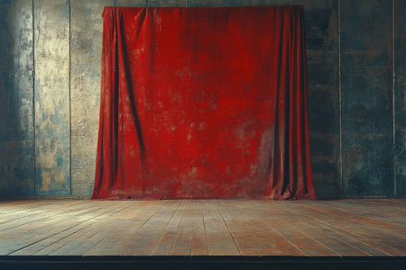 A dramatic view of vibrant red curtains slowly parting, illuminating a wooden stage beneath soft light, creating an inviting atmosphere for an evening performance.の素材