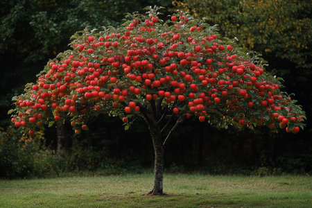 A vibrant apple tree stands in a lush forest, heavy with bright red apples. The warm glow of golden hour creates a tranquil atmosphere, inviting contemplation.の素材