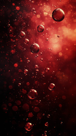 Red bubbles drift throughout a liquid, creating an ethereal atmosphere. The striking contrast with the dark surroundings enhances the vibrant hues and details.の素材