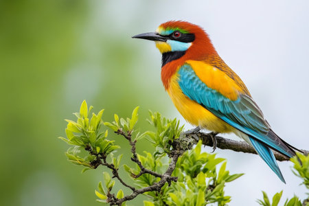 A bright bird with multicolored feathers rests on a branch surrounded by lush green leaves. Sunlight filters through the foliage, creating a warm atmosphere.の素材
