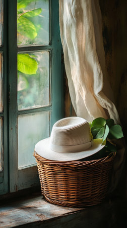 Soft sunlight streams through a rustic window, illuminating a straw hat resting in a woven basket alongside fresh green leaves. The serene atmosphere evokes a sense of calm.の素材