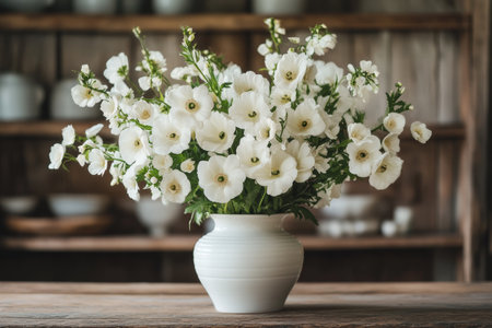 A ceramic vase holds a lush bouquet of white flowers, surrounded by vibrant green leaves. The arrangement adds elegance to the setting with its soft tones.の素材
