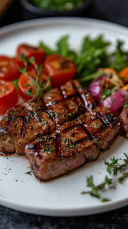 Juicy grilled steak sits on a white plate, surrounded by vibrant cherry tomatoes and a mix of fresh greens, showing a delightful culinary presentation.の素材