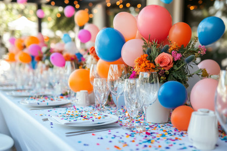 A variety of balloons in different colors and sizes float above a surface scattered with colorful confetti, creating a joyful atmosphere perfect for a celebration or party.の素材