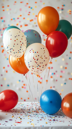 A collection of vibrant balloons in red, yellow, blue, and white stands out against a wall decorated with colorful confetti, perfect for a party or celebration.の素材