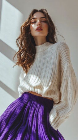 A woman stands elegantly, wearing a soft white sweater and a bold purple skirt. Natural light filters through, creating an artistic shadow play on her attire.の素材