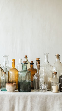 A collection of vintage glass bottles of various shapes and sizes is carefully displayed on a minimalistic shelf. The neutral colors enhance the vintage aesthetic.の素材