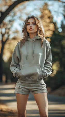 A young woman stands confidently in a park, wearing a gray hoodie and shorts, with her hands in pockets. The sunlight filters through the trees, creating a vibrant atmosphere.の素材