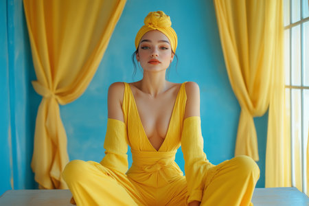 A model showcases a stunning yellow outfit with a deep neckline while sitting gracefully in front of bright blue walls and matching curtains. The setting is lively and colorful.の素材